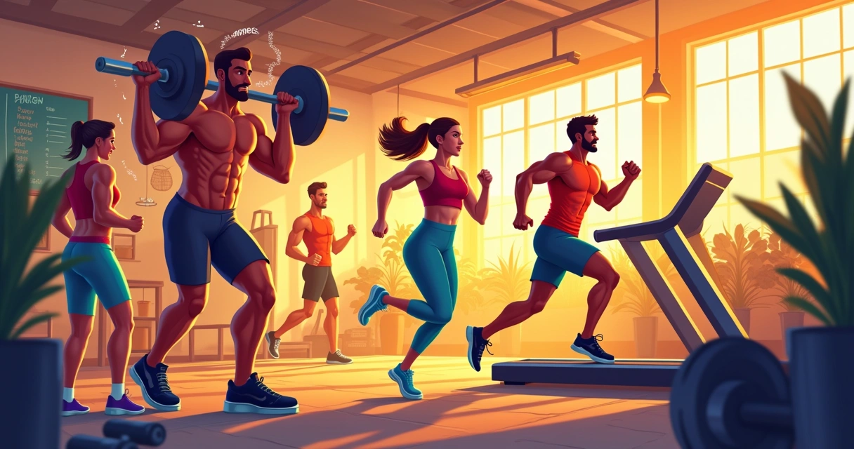 Ilustração de um ginásio vibrante com atletas malhando, simbolizando energia e os efeitos da creatina nos músculos.