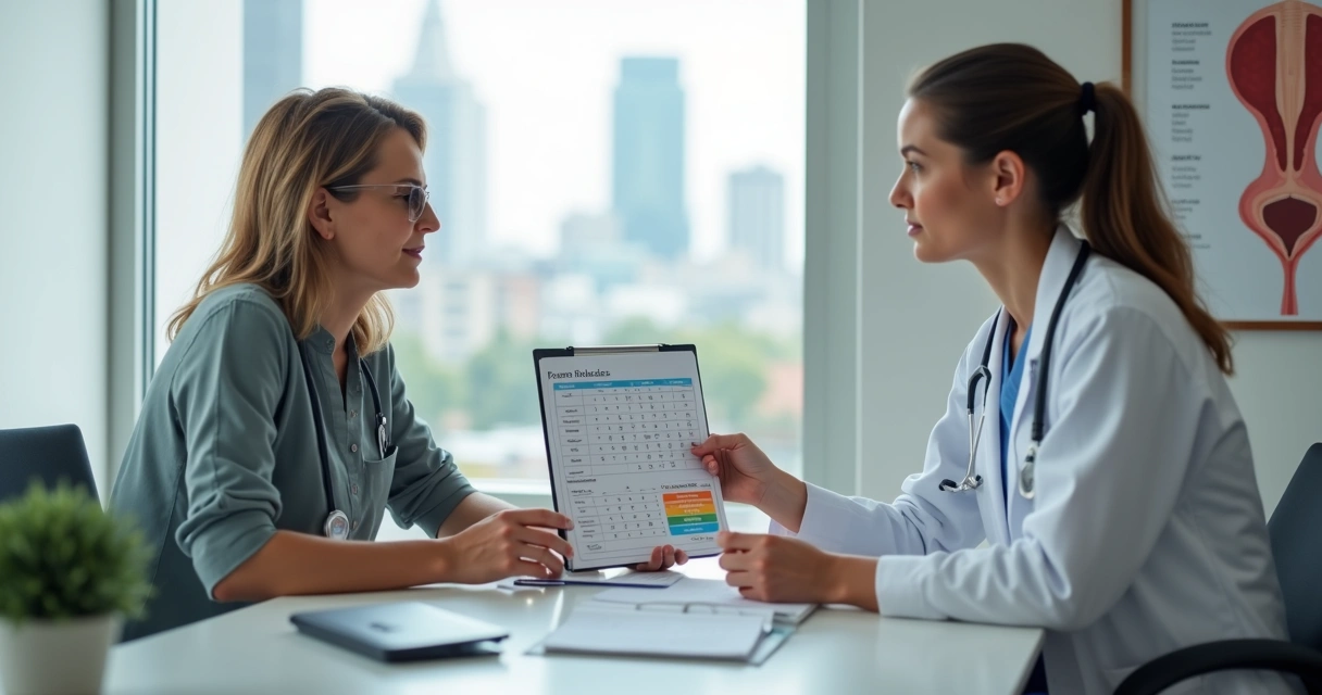 Médica ginecologista explicando tempo de afastamento do trabalho para paciente em consultório 
