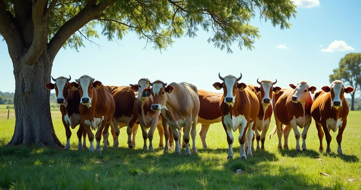 Vacas Gir leiteiras pastando em campo aberto, com árvore e céu azul, destaque para rusticidade 
