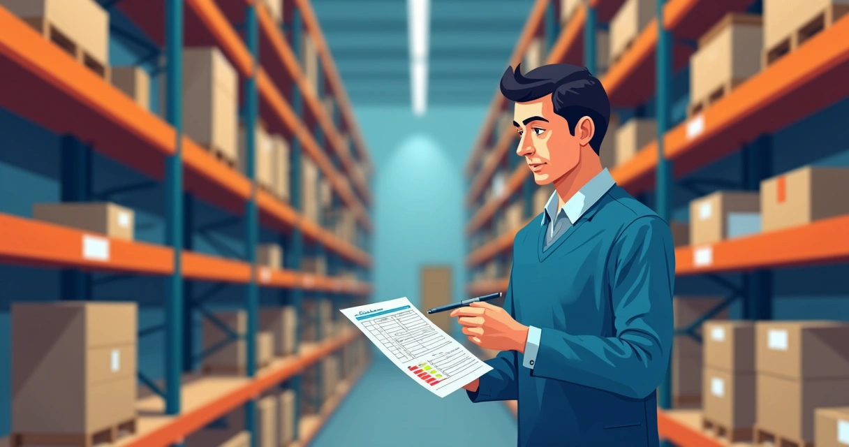 Gestor analisando produtos em prateleiras, anotando em planilha, com parte do estoque claramente rotacionado e outra parte parada. 