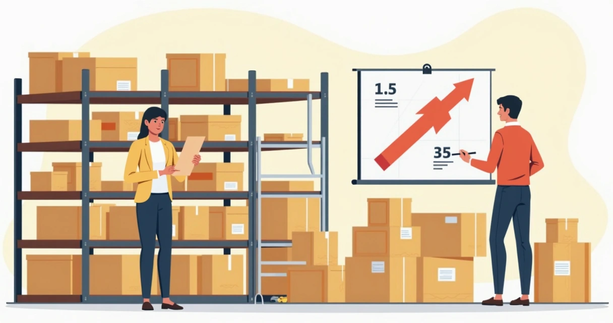 Desenho mostra prateleiras, caixas e gráfico de giro de estoque de uma PME 