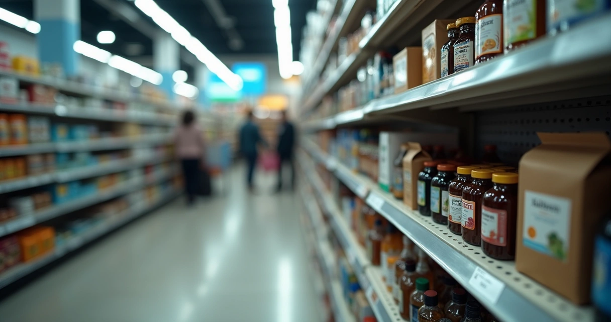 Produtos variados organizados em uma prateleira de loja 