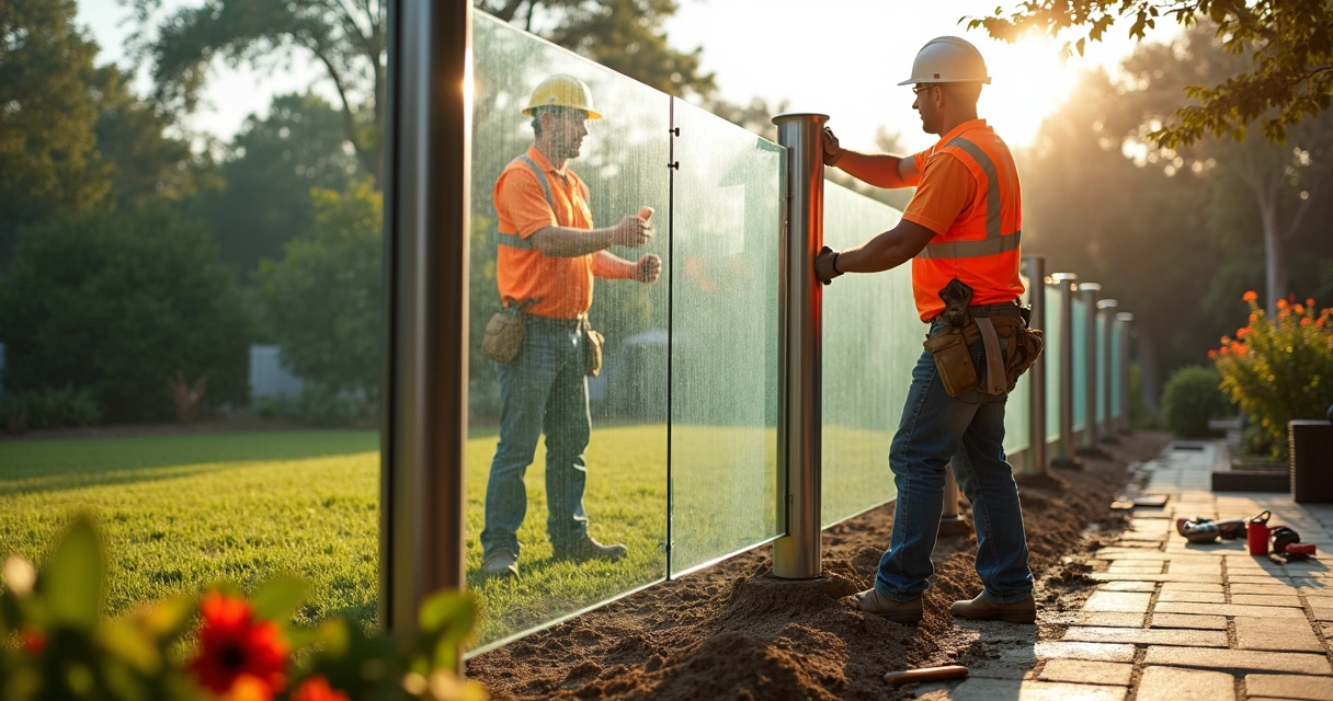 Workers installing glass fence panel into deep concrete footing in Orlando 