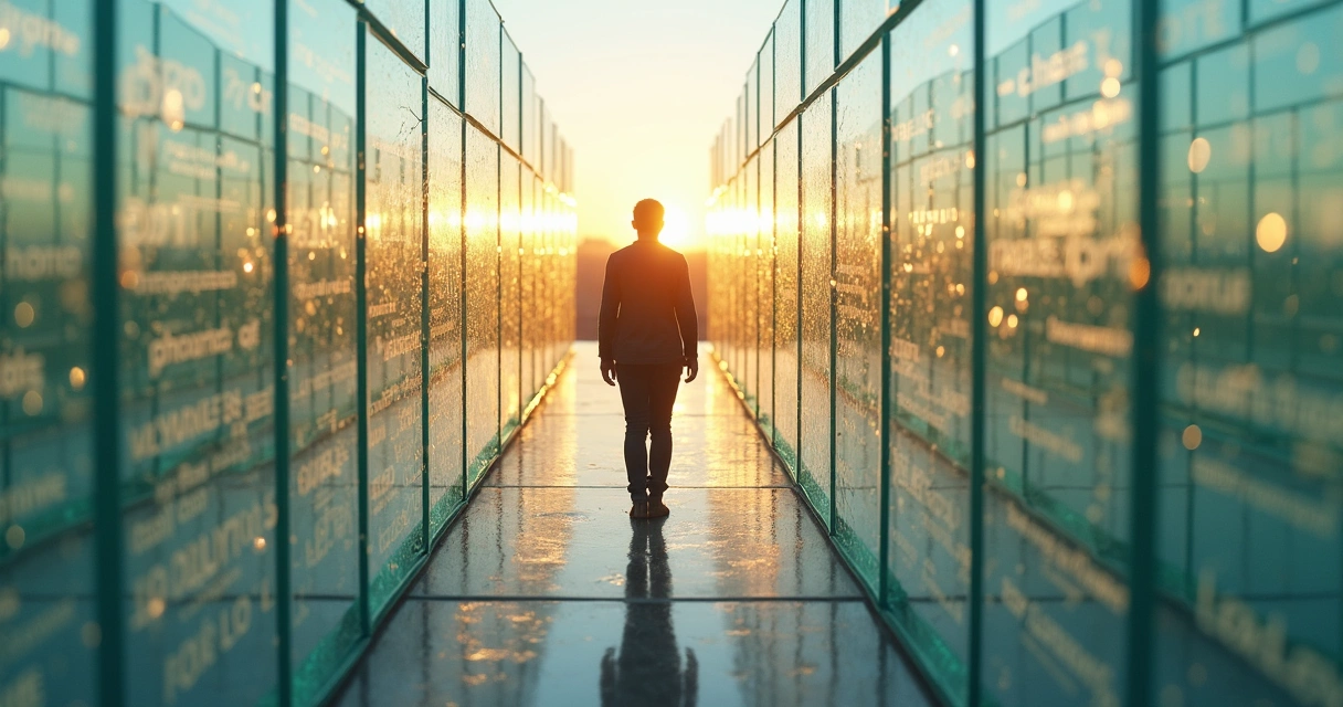 Person walking through a glass maze with narrative words cracking around them 