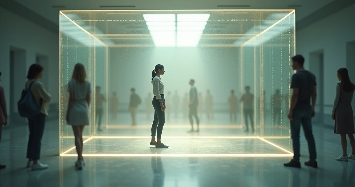 Person inside a glass room with luminous boundary lines around them 