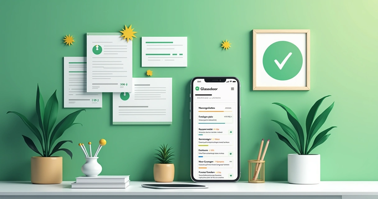 Representação do aplicativo Glassdoor mostrando avaliações de funcionários em um smartphone em um ambiente de escritório.