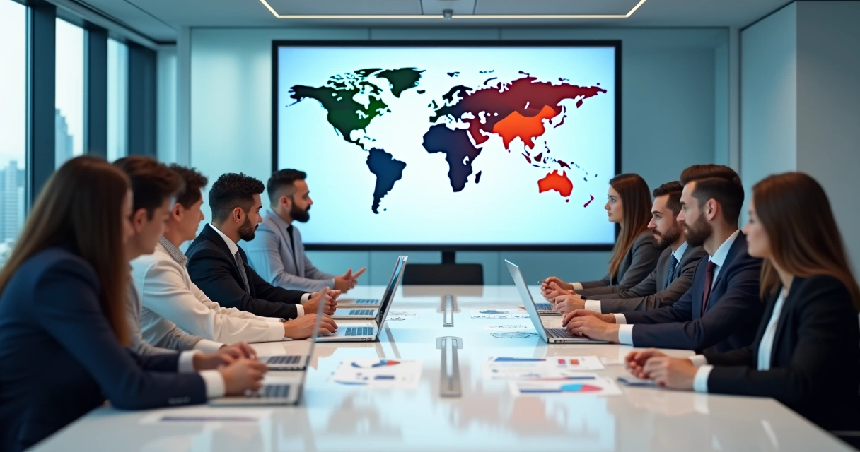 Business team from different countries at a table discussing employee benefits charts 