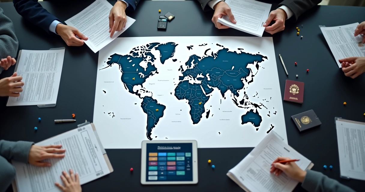 World map with branch tax compliance markers and financial icons 