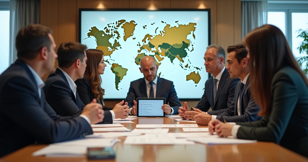Auditor and international business employees in modern office reviewing compliance checklist 