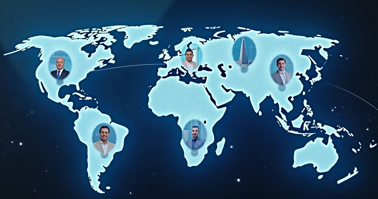 Global map with business leaders connecting offices 