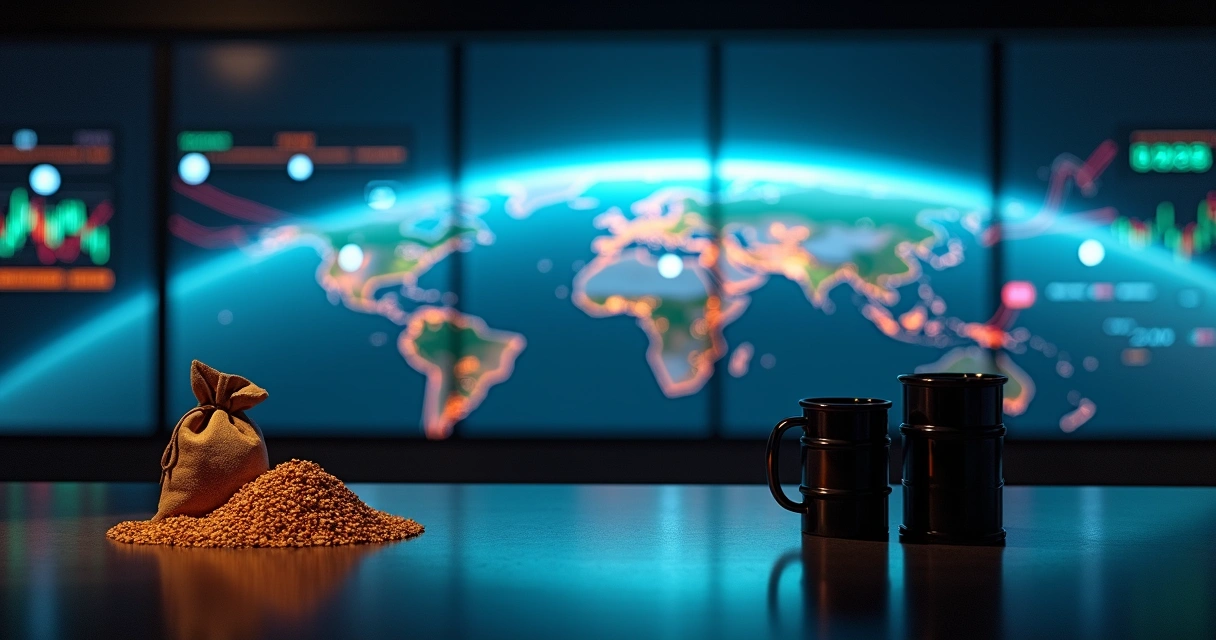 Composite view of global commodities over digital risk map at night 