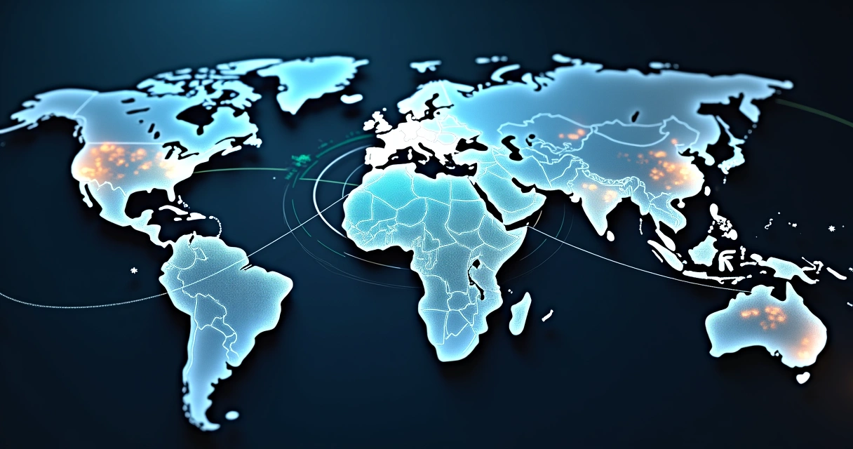 Digital world map connecting diverse commodities and market risk data 