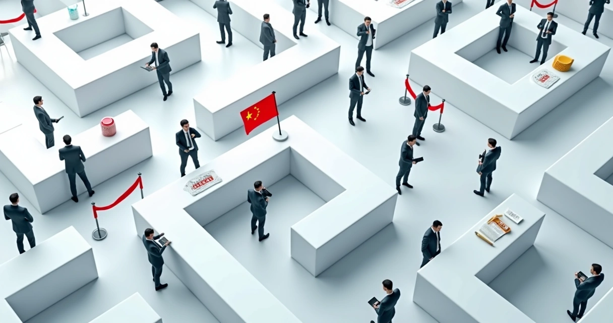 Business team trying to navigate a maze with global flags and compliance icons