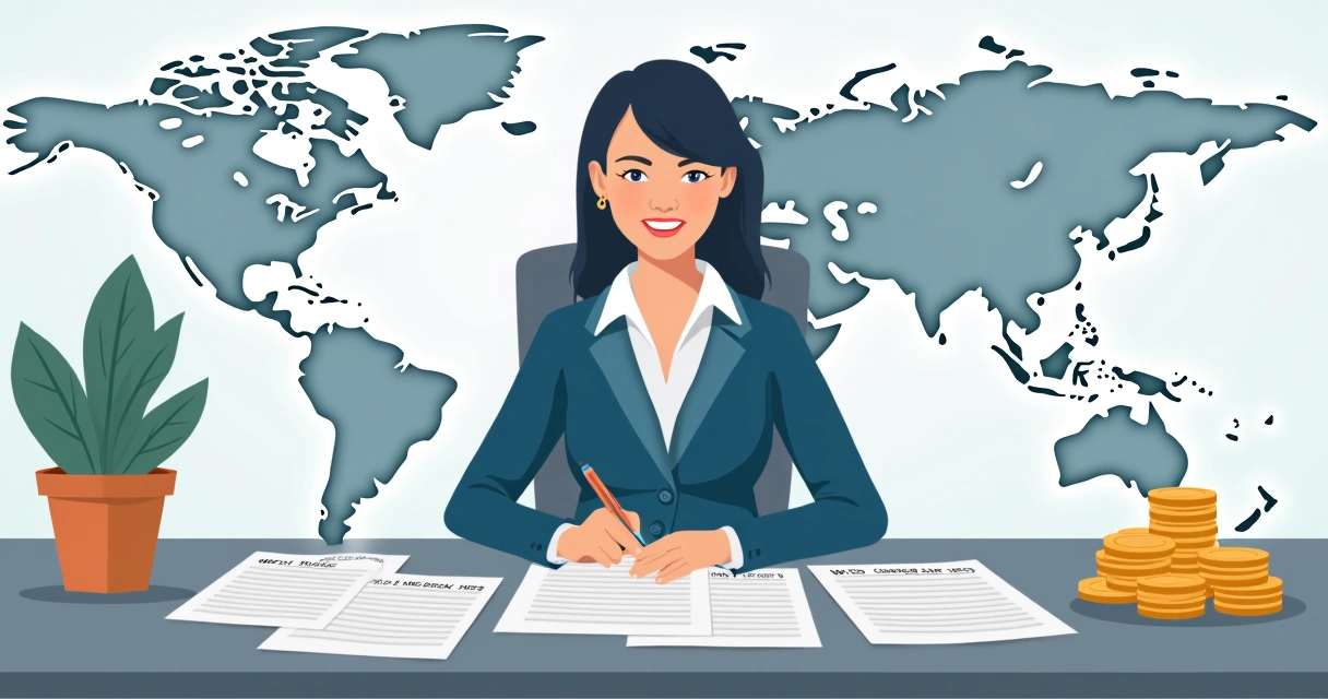 Businessperson reviewing international payroll and tax forms 