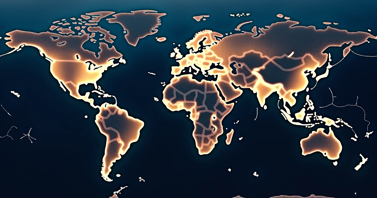 Glowing world map with lines connecting cities at night 