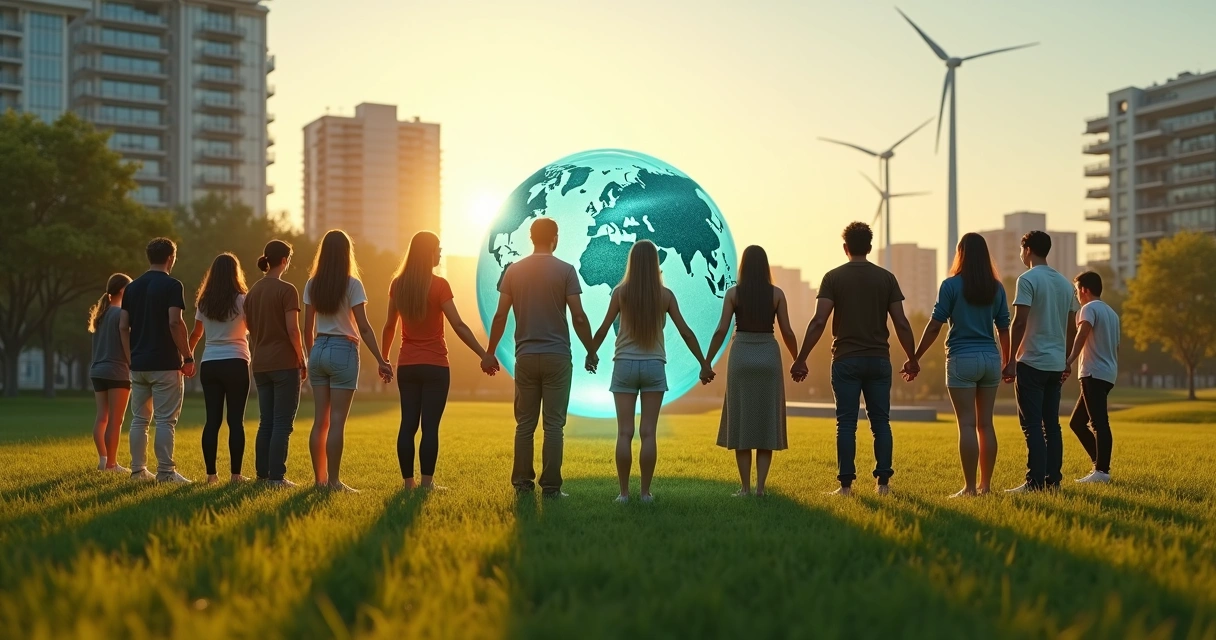 Diverse community circle holding hands around a glowing Earth in a city park 
