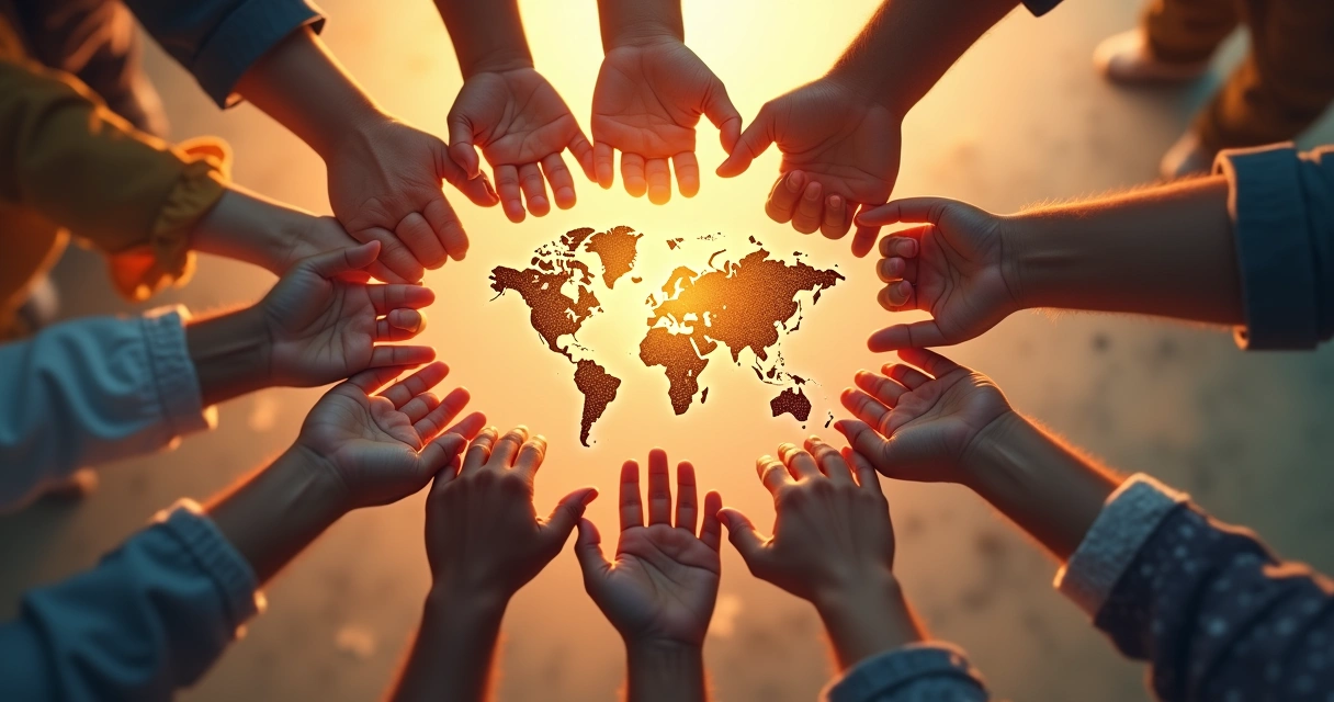 Global presence represented by interconnected people forming a globe 