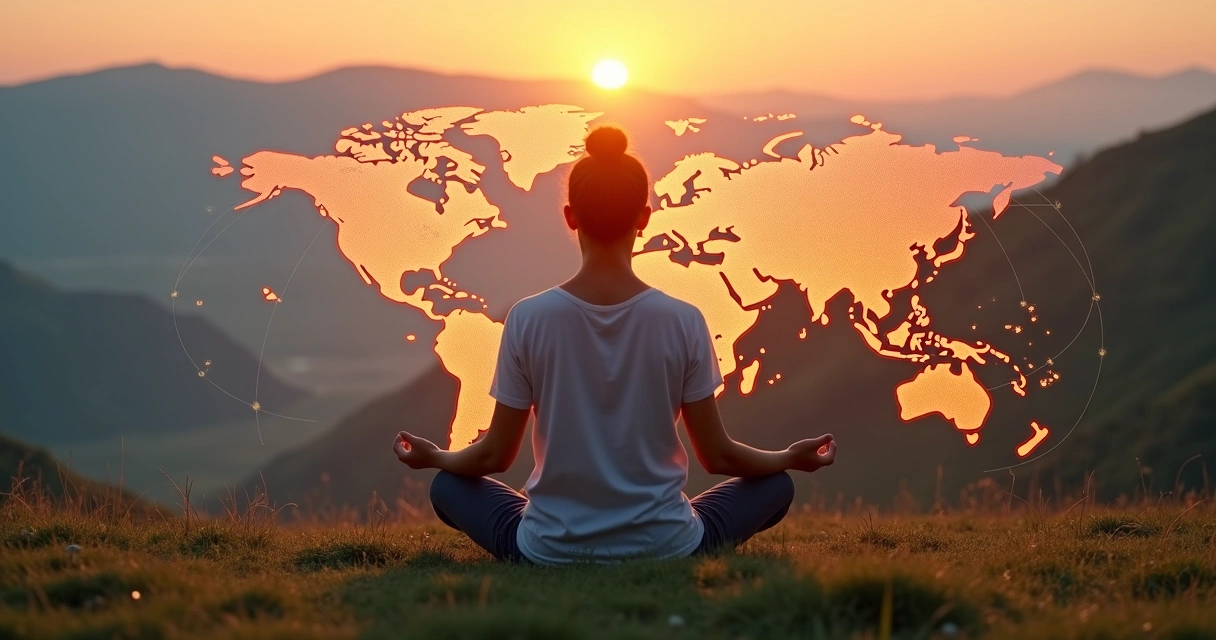 Person meditating in nature with world map overlay