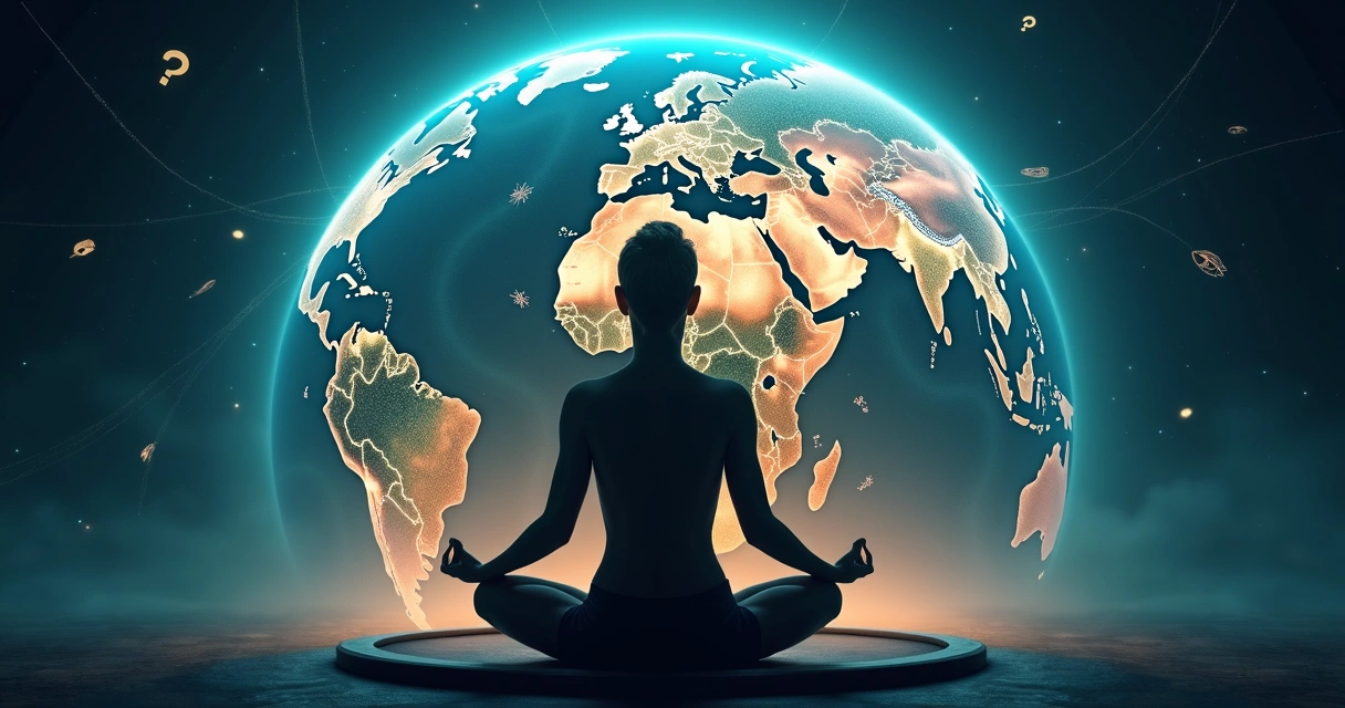 Person meditating over a glowing globe with abstract connections 