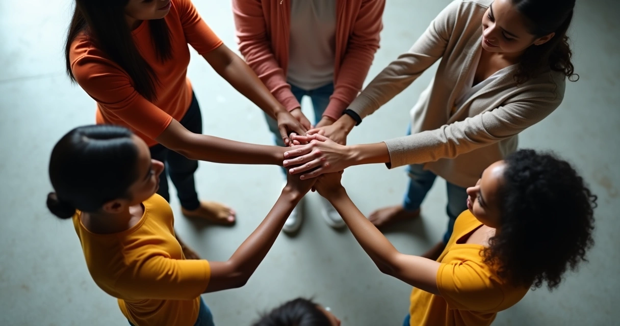 Diverse group of people forming a circle seen from above, symbolizing interconnected consciousness 