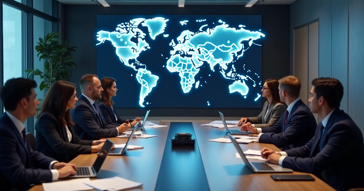 Multinational business team discussing cybersecurity law changes around a table 