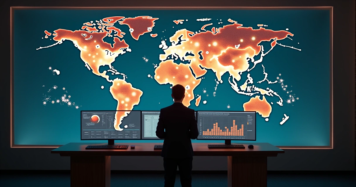 Global office network with emotional energy waves connecting teams 