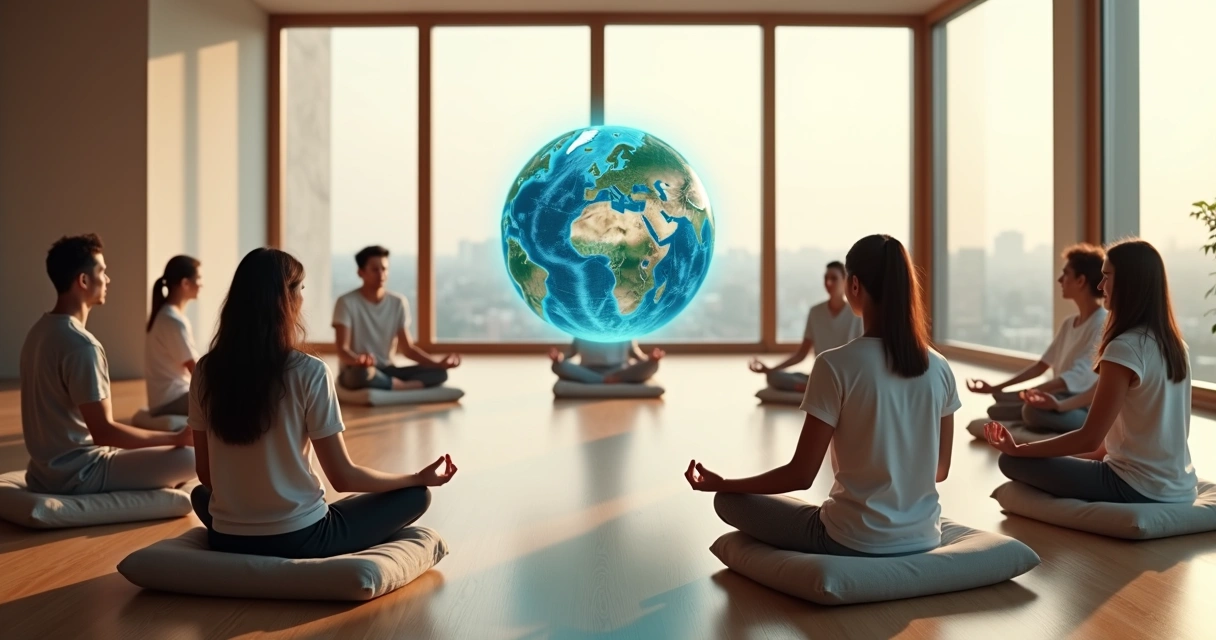Diverse group meditating in a circle with the Earth projected in the center 