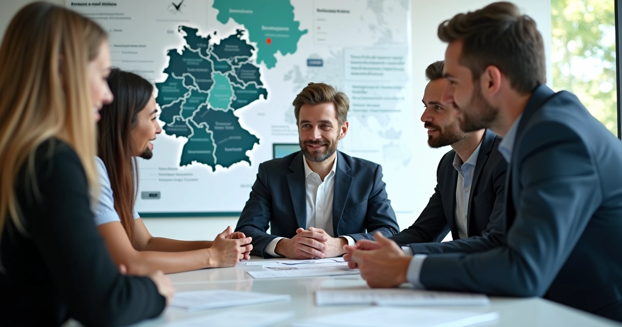 Multinational engineering team in modern German office 