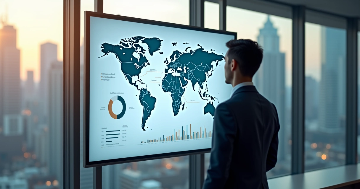 Multinational executive viewing U.S. expansion strategy in modern office