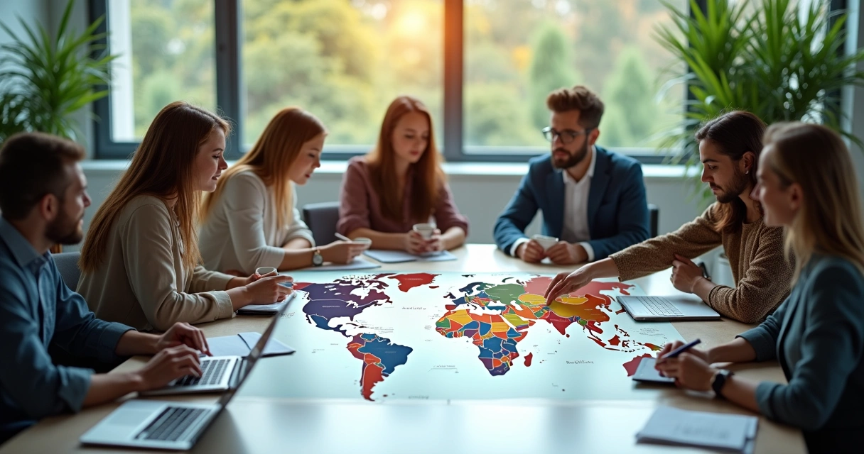 Diverse international team brainstorming at a world map table 