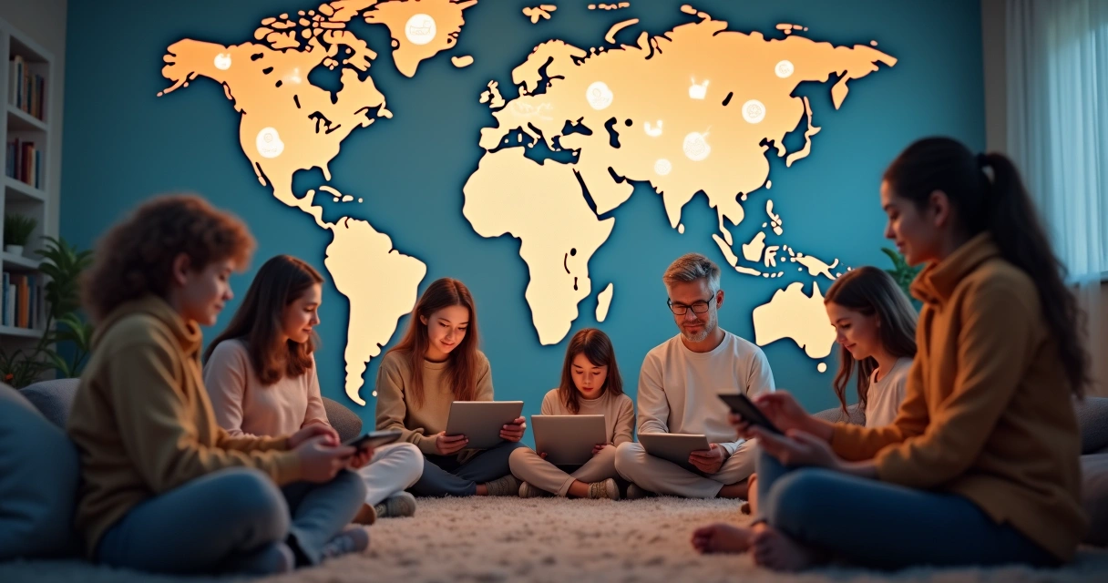 People of different ages using digital devices, world map in background