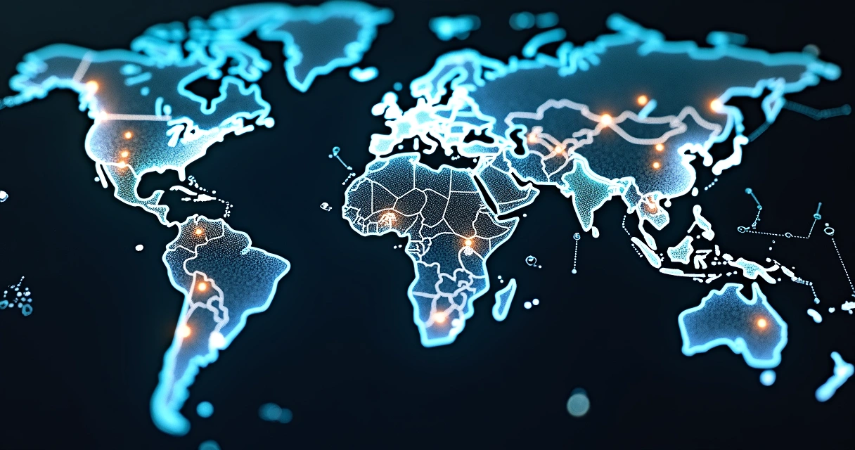 Abstract global network of automated hedging flows overlaid with digital risk dashboards 