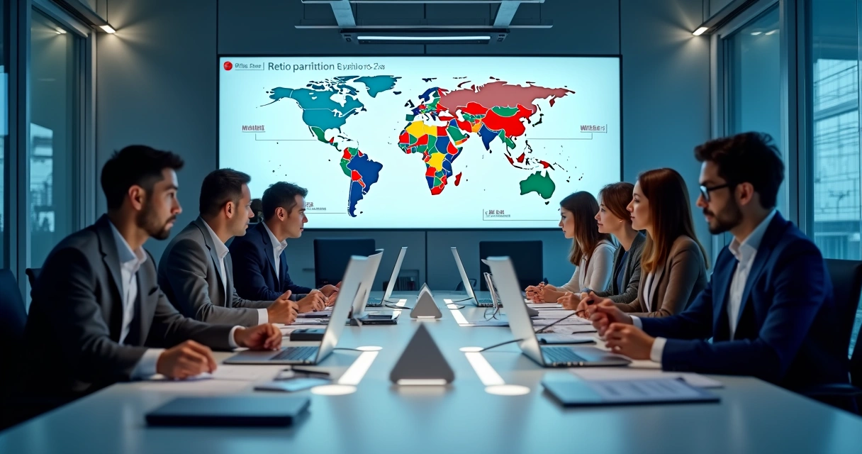 Desk with global HR reports and diverse professionals discussing paperwork 