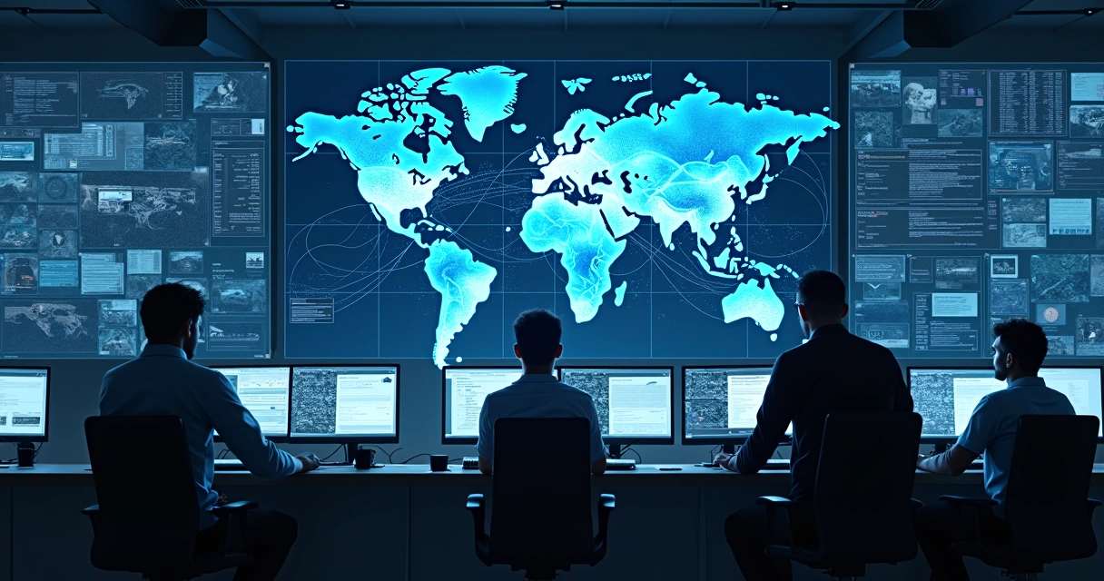 Digital forensics team working remotely while global map displays connected sites 