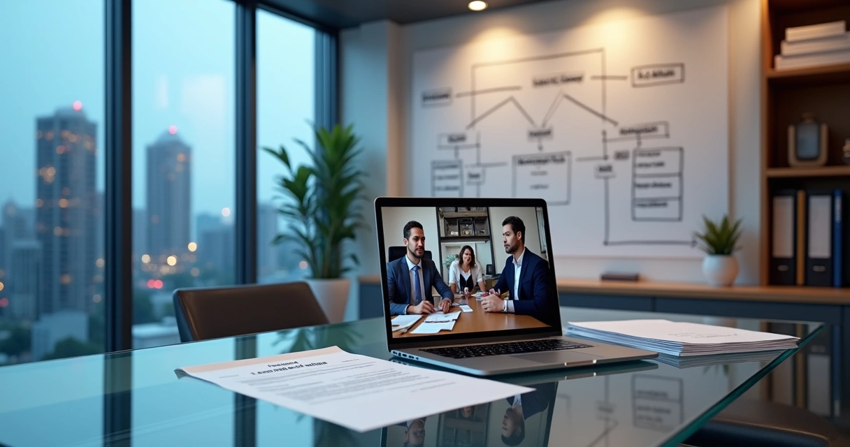 Executives in video conference planning intracompany transfer between global offices 