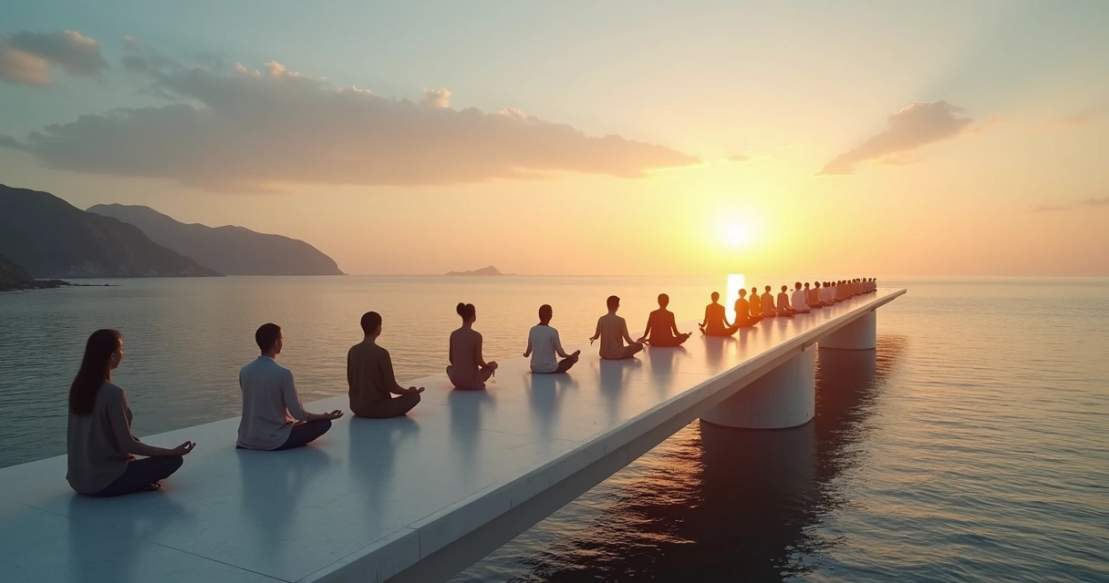 Diverse people meditating on a glowing bridge connecting two continents 