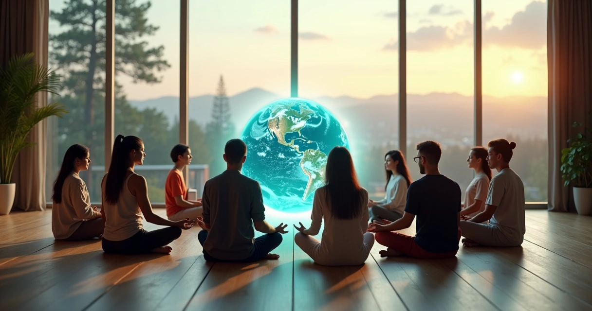 Diverse people meditating around a glowing Earth 