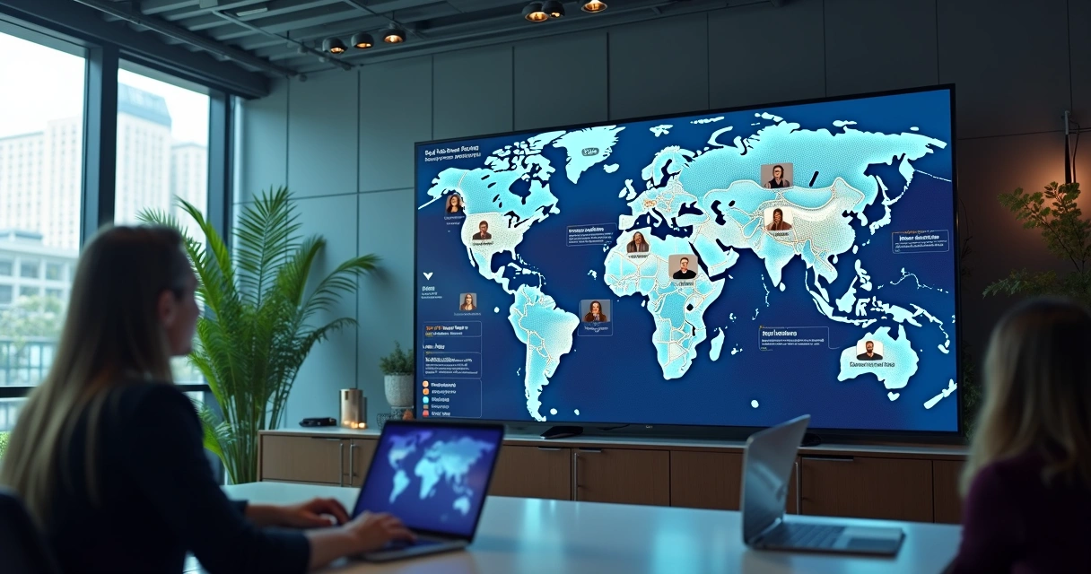 Diverse business team in a video meeting with international backgrounds 