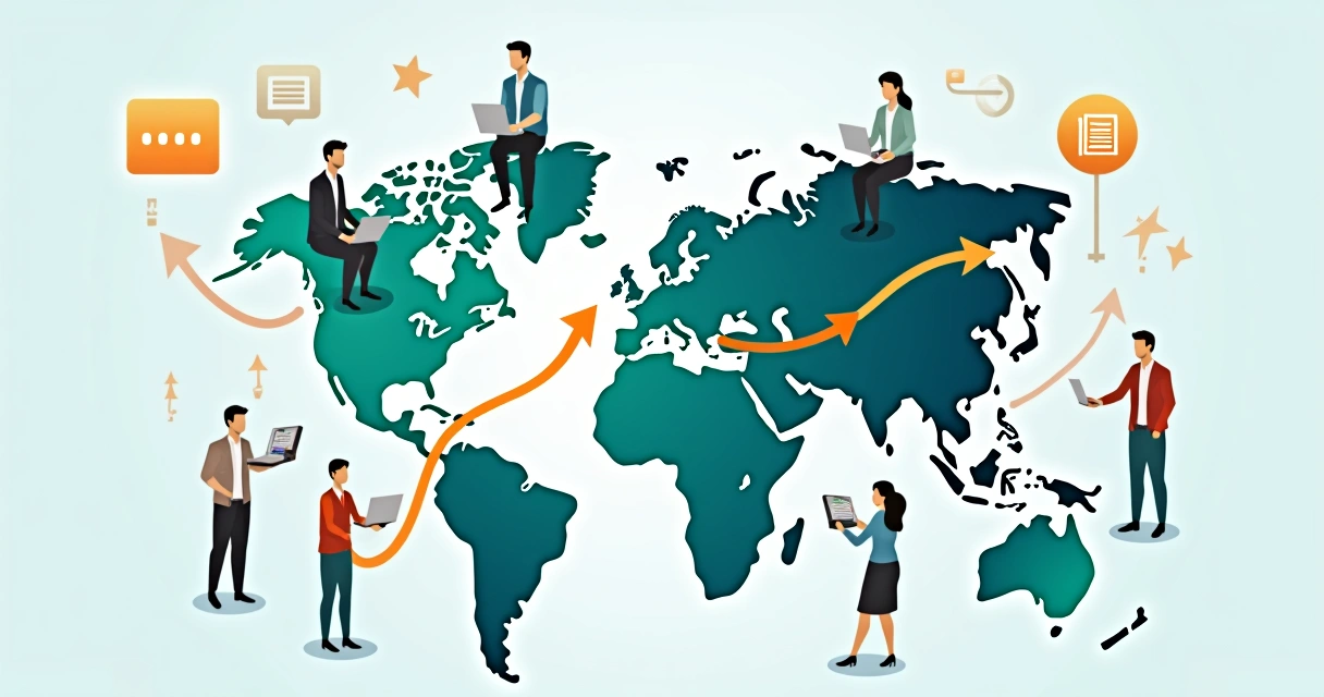 Colorful world map with arrows showing talent movement flows, diverse business people looking at screens, and regulatory icons 