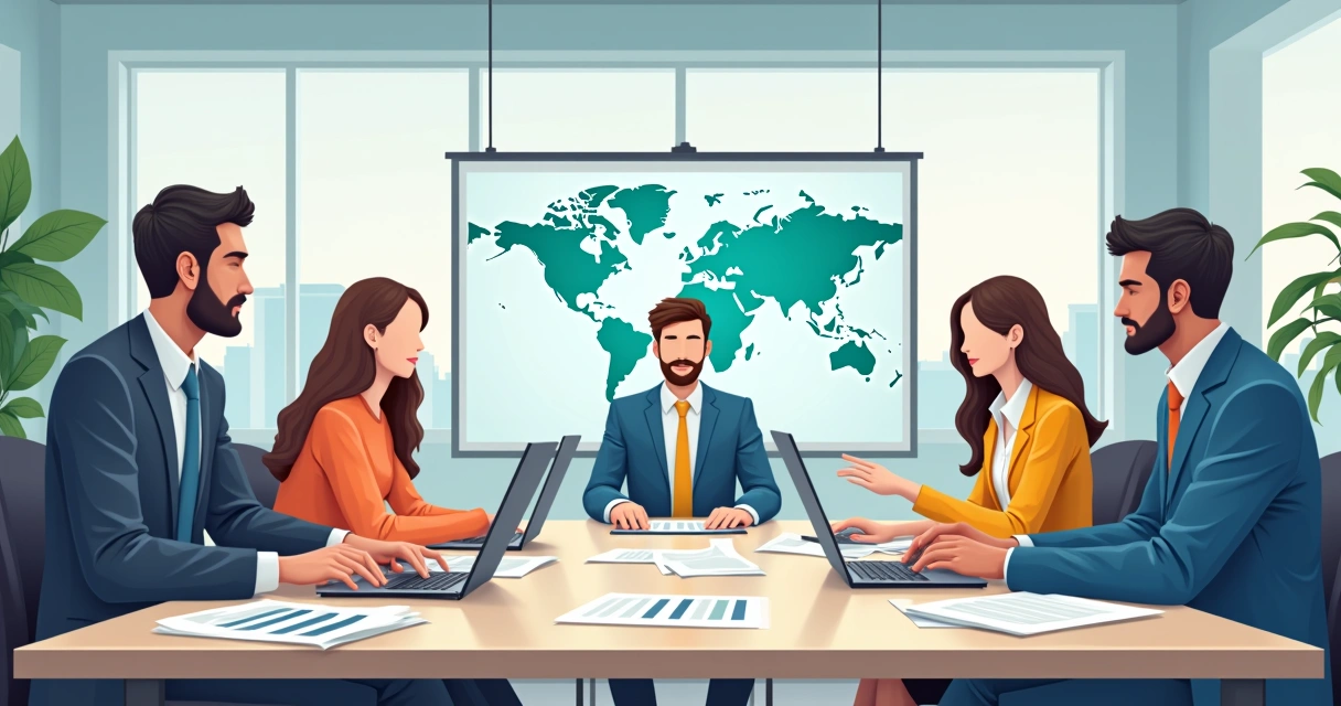 Hybrid team meeting with digital screens and diverse staff 