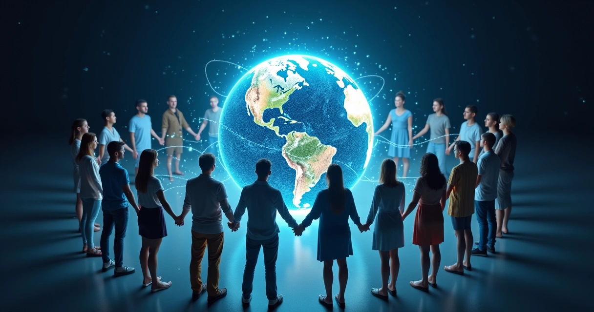 Diverse people connected by glowing lines around a digital Earth 