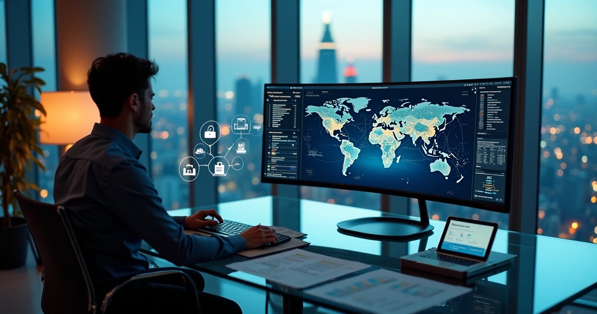 Compliance officer reviewing global tax transfer pricing dashboard 