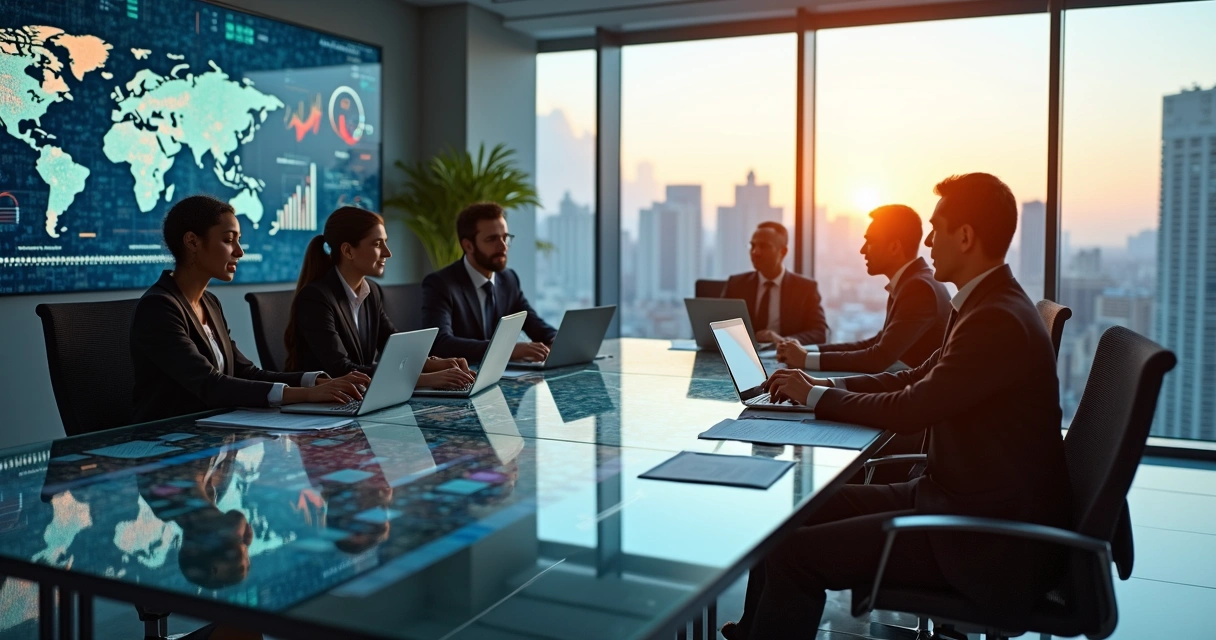 Diverse international business team collaborating at a modern office table 