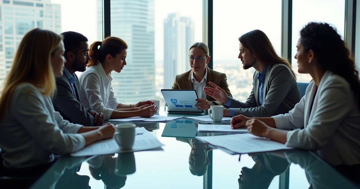 Diverse group of professionals discussing permit renewals around a glass table in a city-view office. 