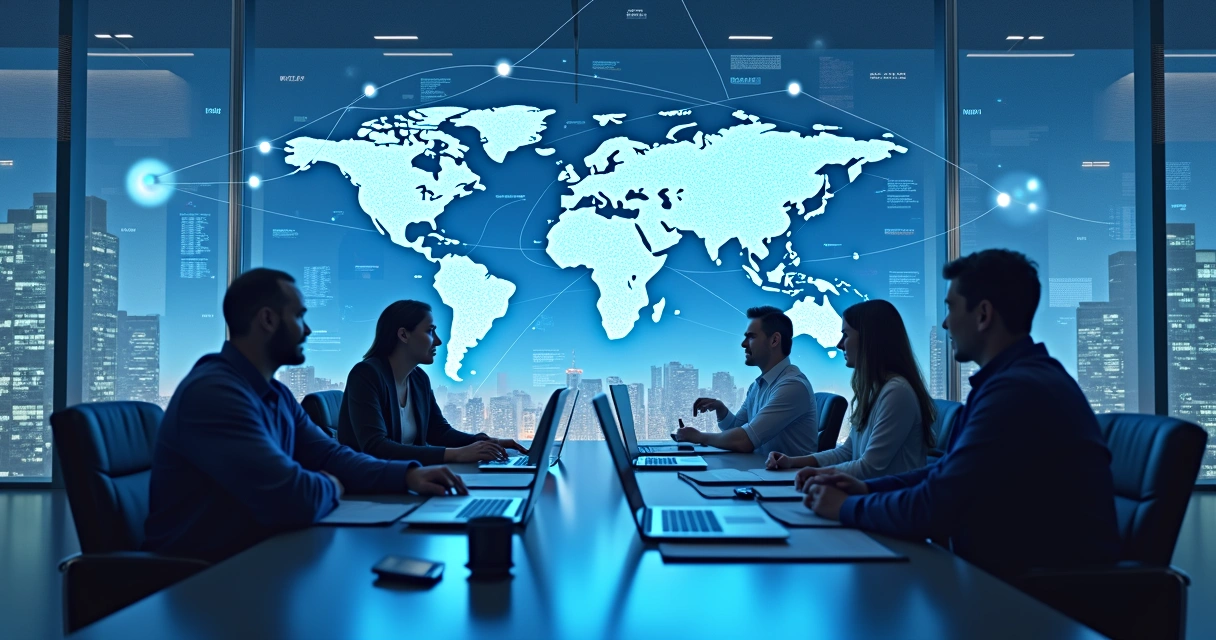 Global team collaborating with digital screens, world map in the background, people from different backgrounds exchanging ideas.