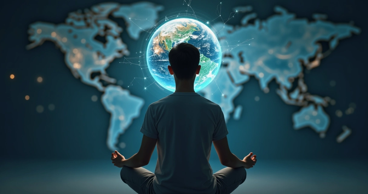 Pessoa meditando com planeta integrado ao cérebro e conexões de luz 