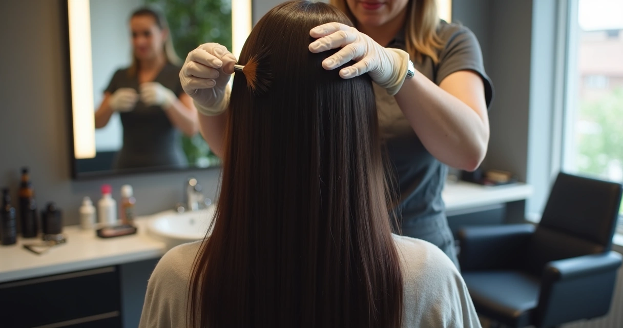 Cabeleireira aplicando gloss hair em cabelo longo 