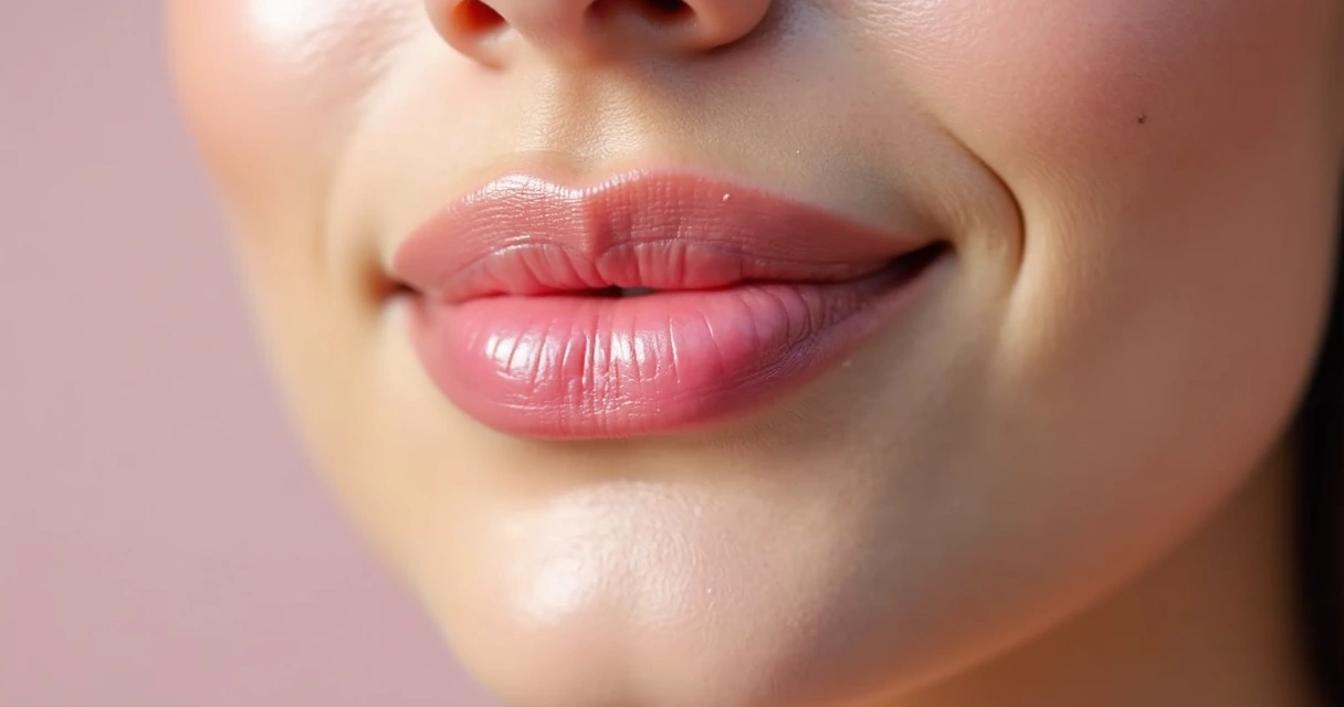 Lábios femininos com gloss e sorriso discreto