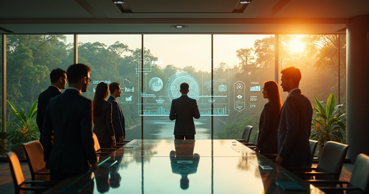 Executivos analisando painel digital com ícones ESG e floresta ao fundo 