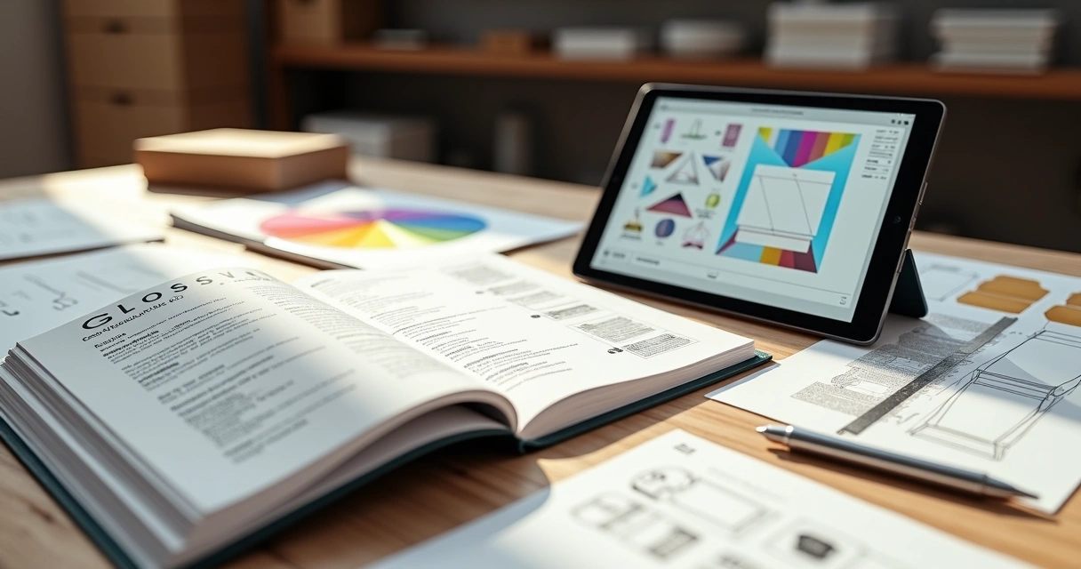 Mesa com vocabulário gráfico destacado ao lado de amostras de impressões e esquemas de embalagem 